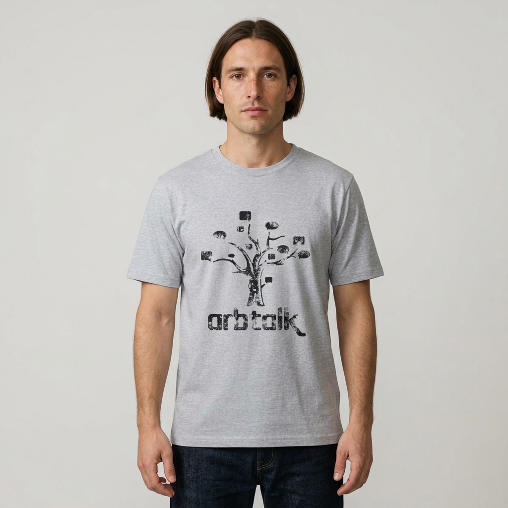 A man wearing an olive green graphic t-shirt with a claw-mark design and the text 'CHOOSE THE WEAPON' in yellow and white. The background is a solid, warm beige studio wall.