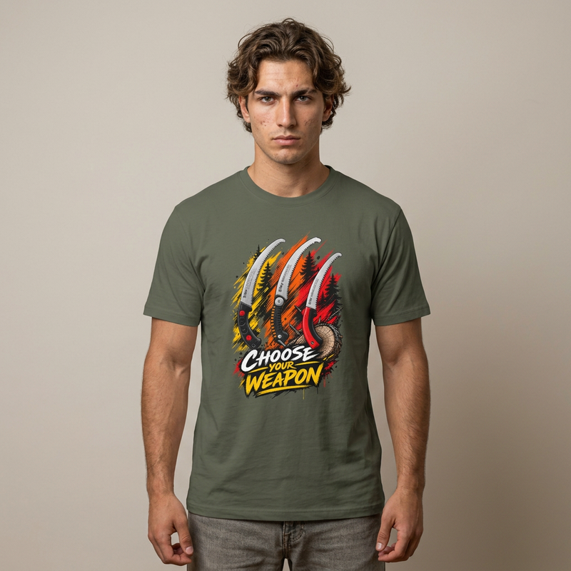 A man wearing an olive green graphic t-shirt with a claw-mark design and the text 'CHOOSE THE WEAPON' in yellow and white. The background is a solid, warm beige studio wall.