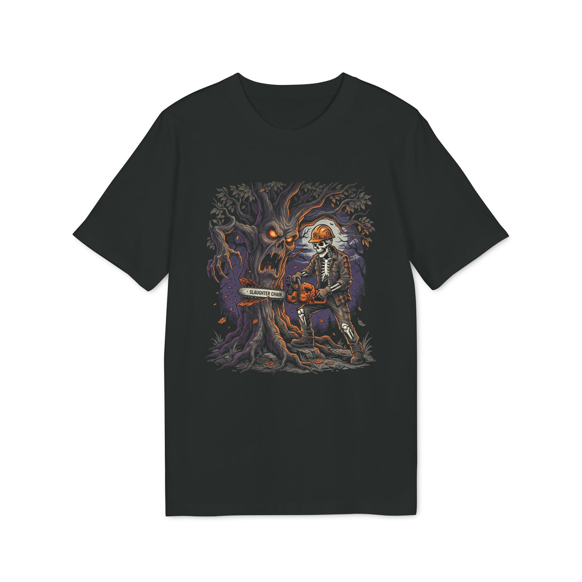 Halloween Haunted Tree Chainsaw Organic Cotton T-Shirt - Medium Fit