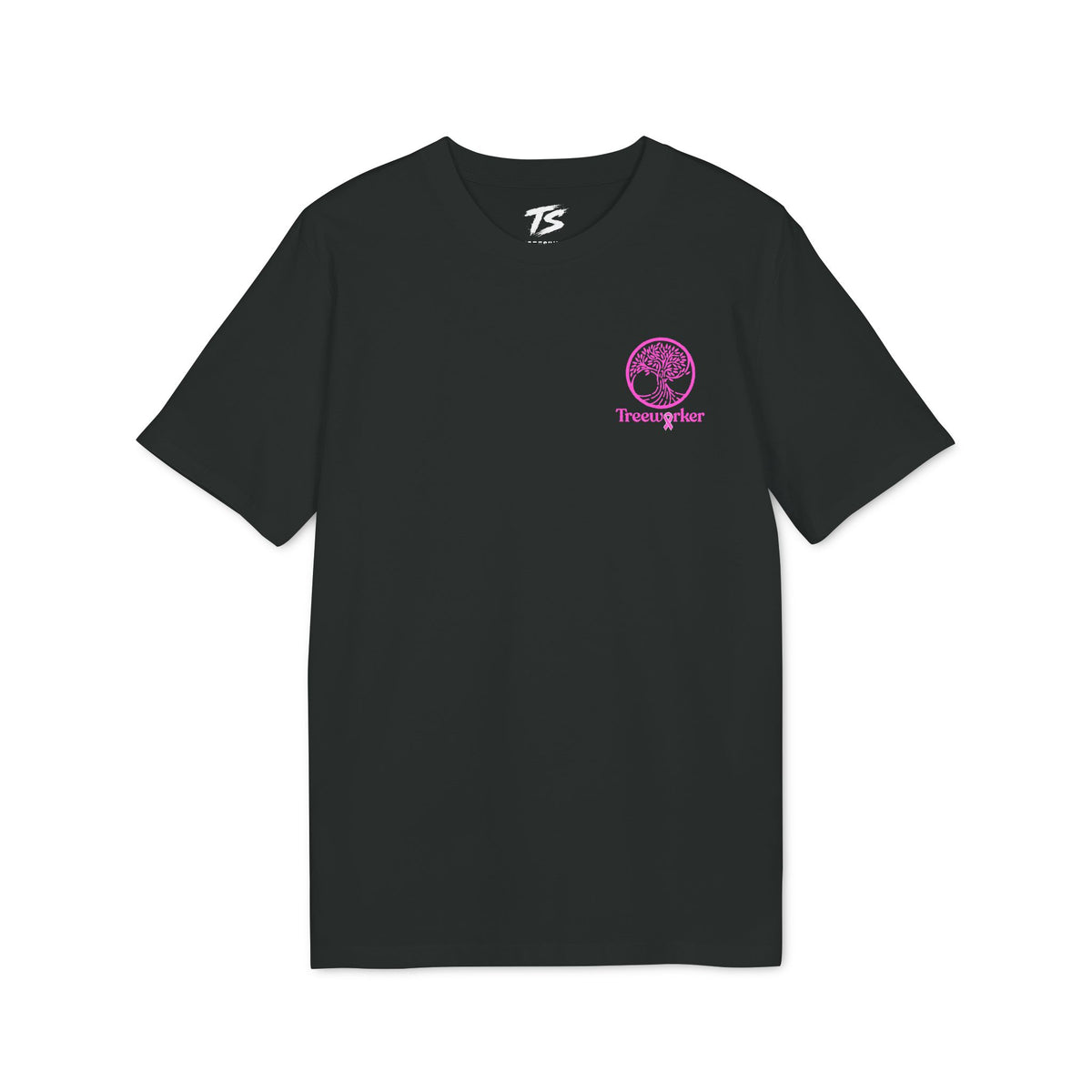 A black short-sleeve crewneck t-shirt with a small pink circular graphic and the word 'Transgender' printed on the left chest, featuring a white stylized 'TS' logo inside the collar, shown on a plain white background.