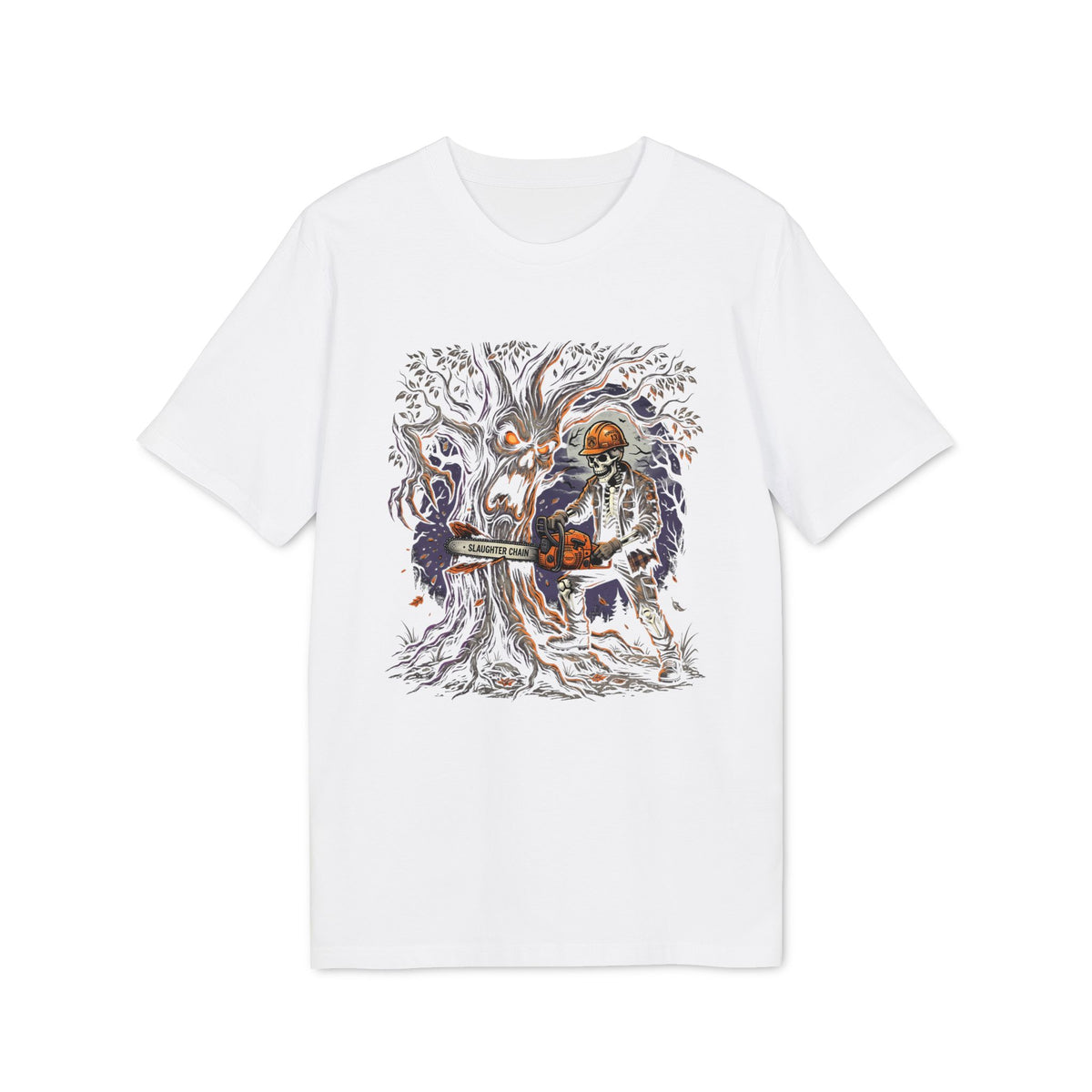 Halloween Haunted Tree Chainsaw Organic Cotton T-Shirt - Medium Fit