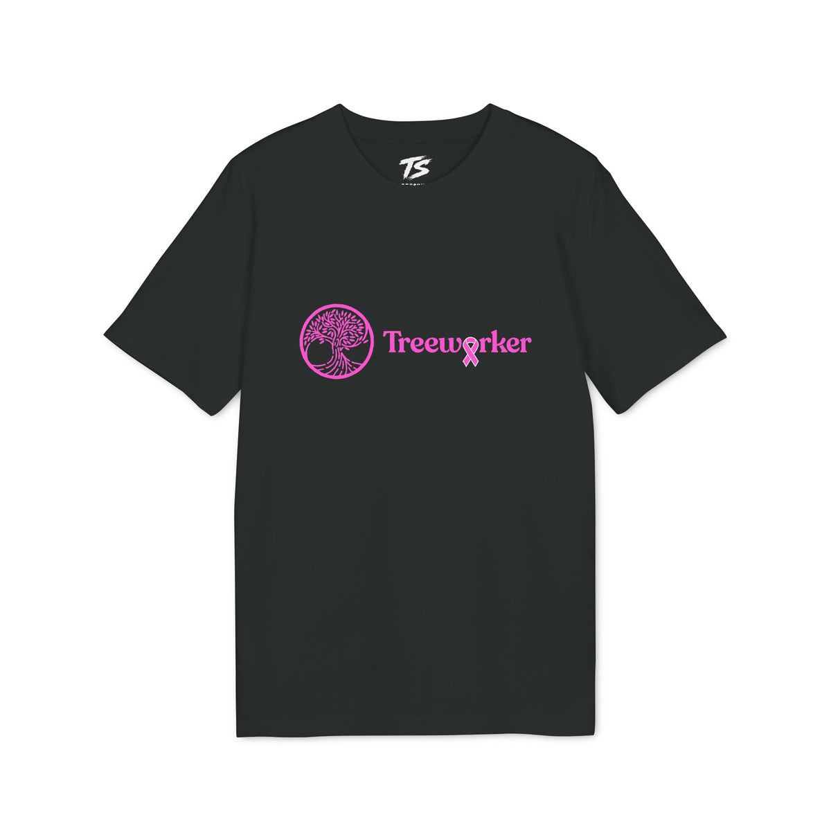 A black short-sleeve crewneck t-shirt with a pink 'Treeworker' logo and tree graphic on the chest, displayed flat against a white background.