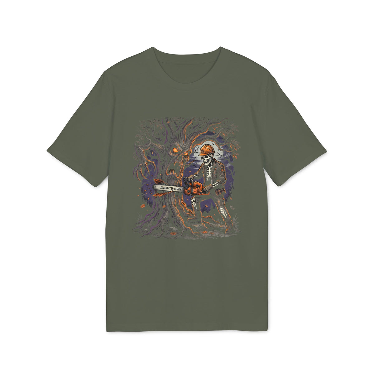 Halloween Haunted Tree Chainsaw Organic Cotton T-Shirt - Medium Fit
