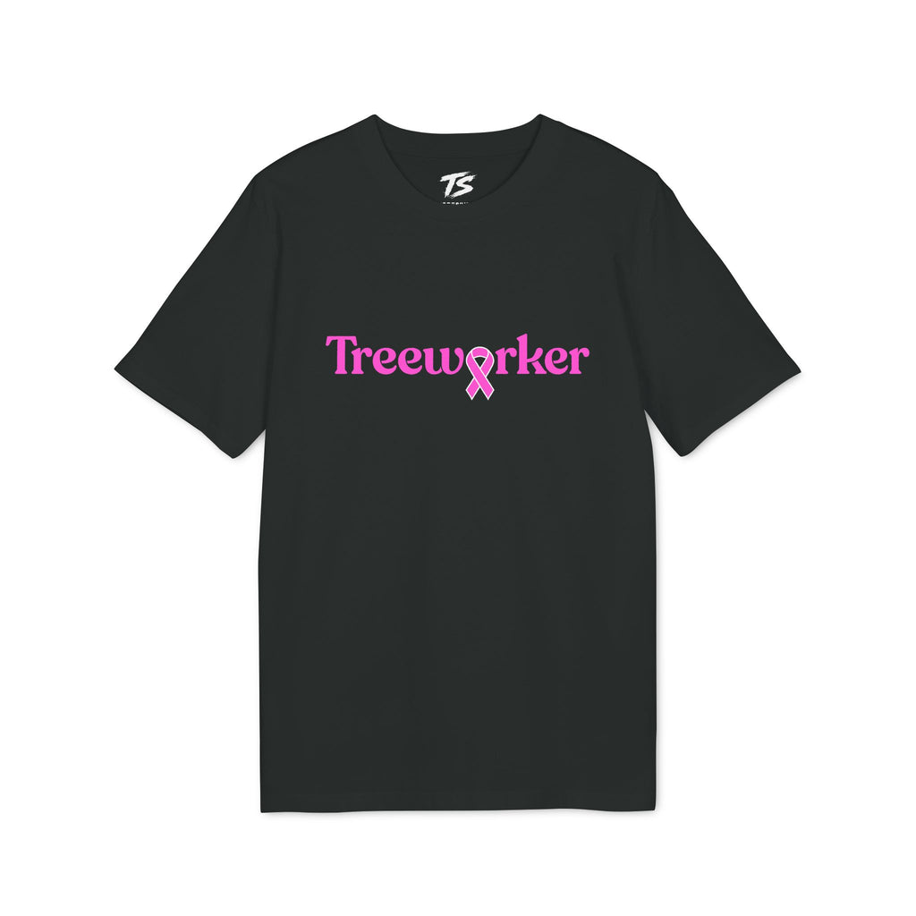 A black short-sleeve crewneck t-shirt featuring the word 'Treeworker' in pink across the chest, with a pink awareness ribbon integrated into the lettering. A small white 'TB' logo is visible inside the collar.