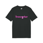 A black short-sleeve crewneck t-shirt featuring the word 'Treeworker' in pink across the chest, with a pink awareness ribbon integrated into the lettering. A small white 'TB' logo is visible inside the collar.
