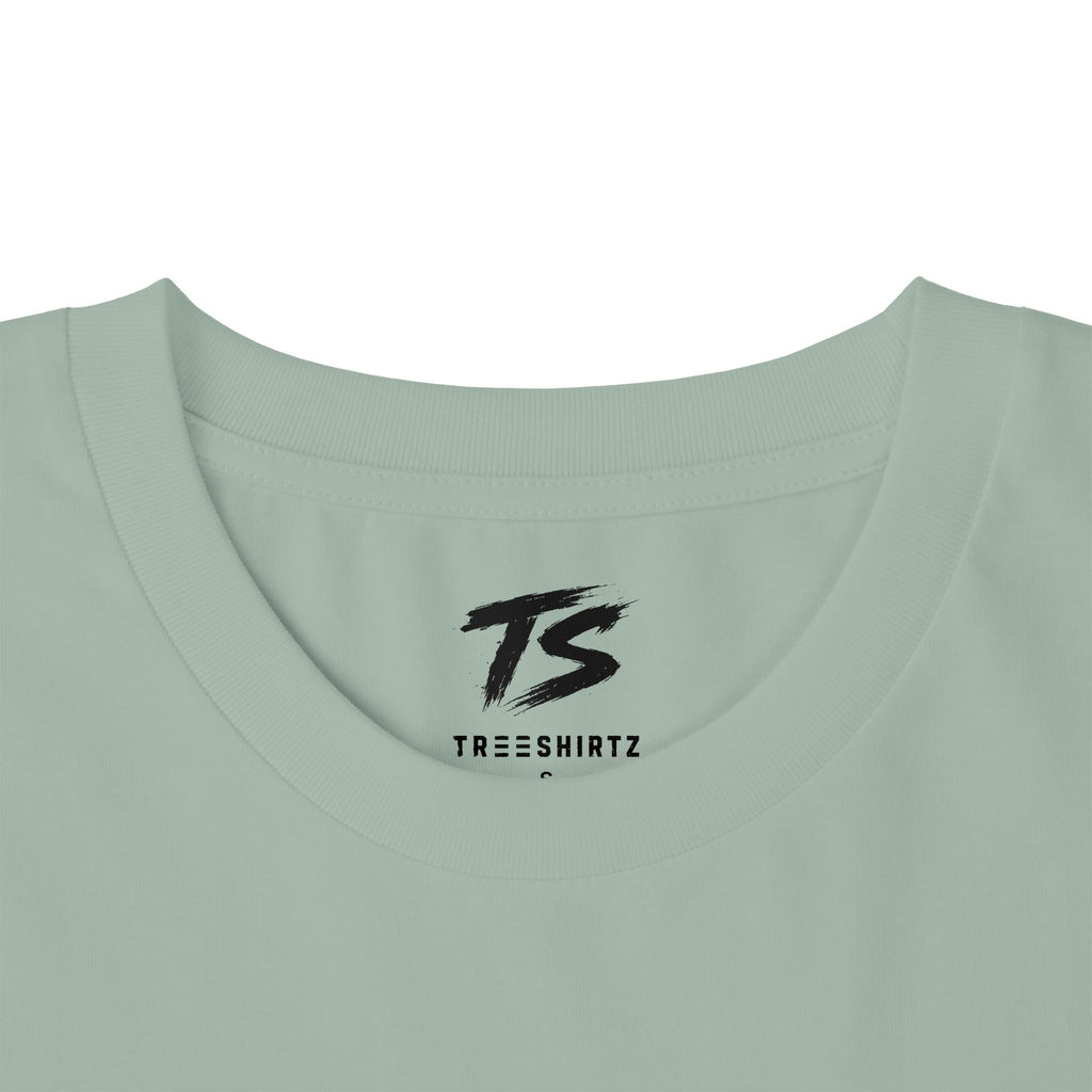 Close-up of a light sage green t-shirt neck area featuring a black printed 'TS' logo and 'TREESHIRTZ' text inside the collar.