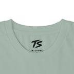 Close-up of a light sage green t-shirt neck area featuring a black printed 'TS' logo and 'TREESHIRTZ' text inside the collar.