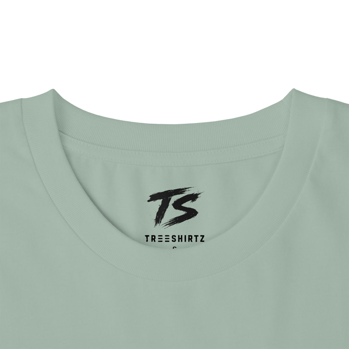 Close-up of a light sage green t-shirt neck area featuring a black printed 'TS' logo and 'TREESHIRTZ' text inside the collar.