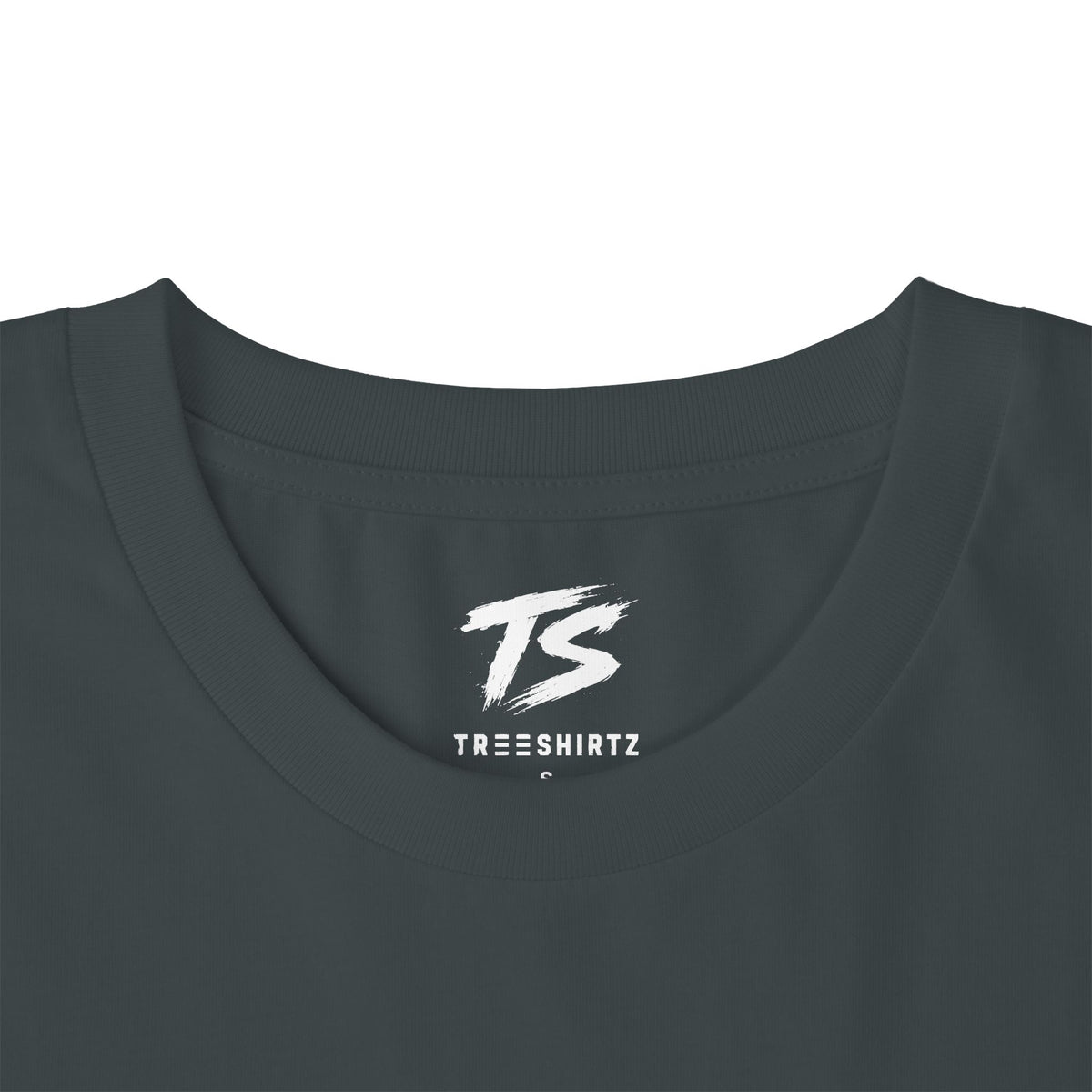 Close-up of a dark charcoal gray t-shirt neck area featuring a white printed 'TS' logo and 'TREESHIRTZ' text inside the collar.