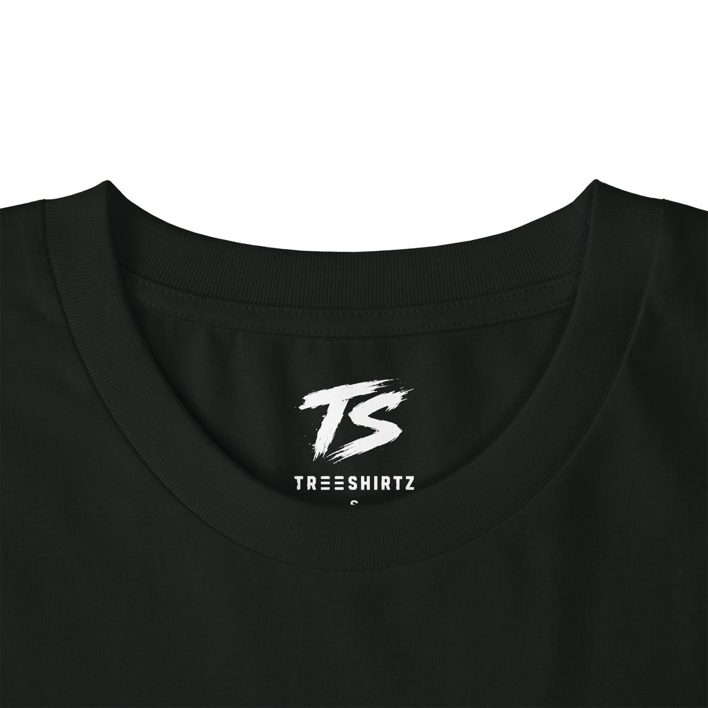 Close-up of a black crewneck t-shirt with a white 'TS' logo and 'TREESHIRTZ' text printed inside the collar, on a white background.