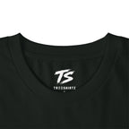 Close-up of a black crewneck t-shirt with a white 'TS' logo and 'TREESHIRTZ' text printed inside the collar, on a white background.