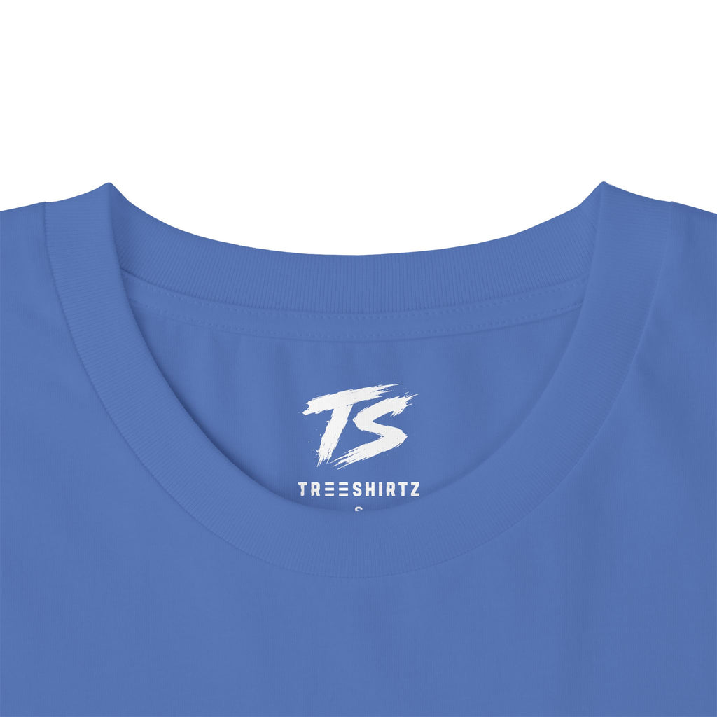 Close-up of a blue crewneck t-shirt showing the inside collar with a white 'TS' logo and 'TREESHIRTZ' text printed on the inner neck.