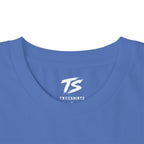 Close-up of a blue crewneck t-shirt showing the inside collar with a white 'TS' logo and 'TREESHIRTZ' text printed on the inner neck.