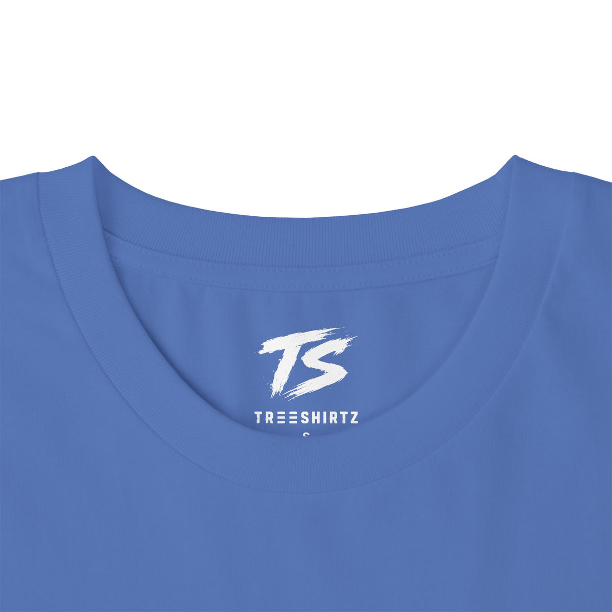 Close-up of a blue crewneck t-shirt showing the inside collar with a white 'TS' logo and 'TREESHIRTZ' text printed on the inner neck.