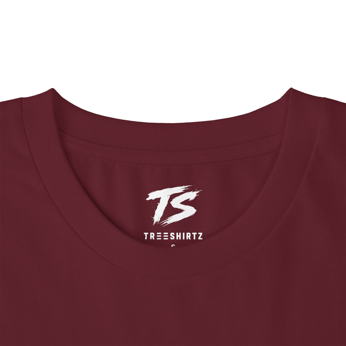 Close-up of a maroon crewneck t-shirt with a white 'TS' logo and 'TREESHIRTZ' text printed inside the collar, on a white background.