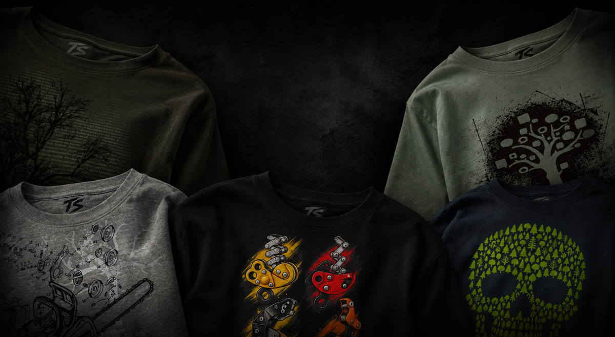 Six graphic t-shirts from the brand T-SK (T-Shirts Kill) displayed in a dark, moody arrangement. The shirts feature various designs including a tree silhouette, a skull tree, a guitar graphic, two stylized skulls in yellow and red, and a green skull made of dots.