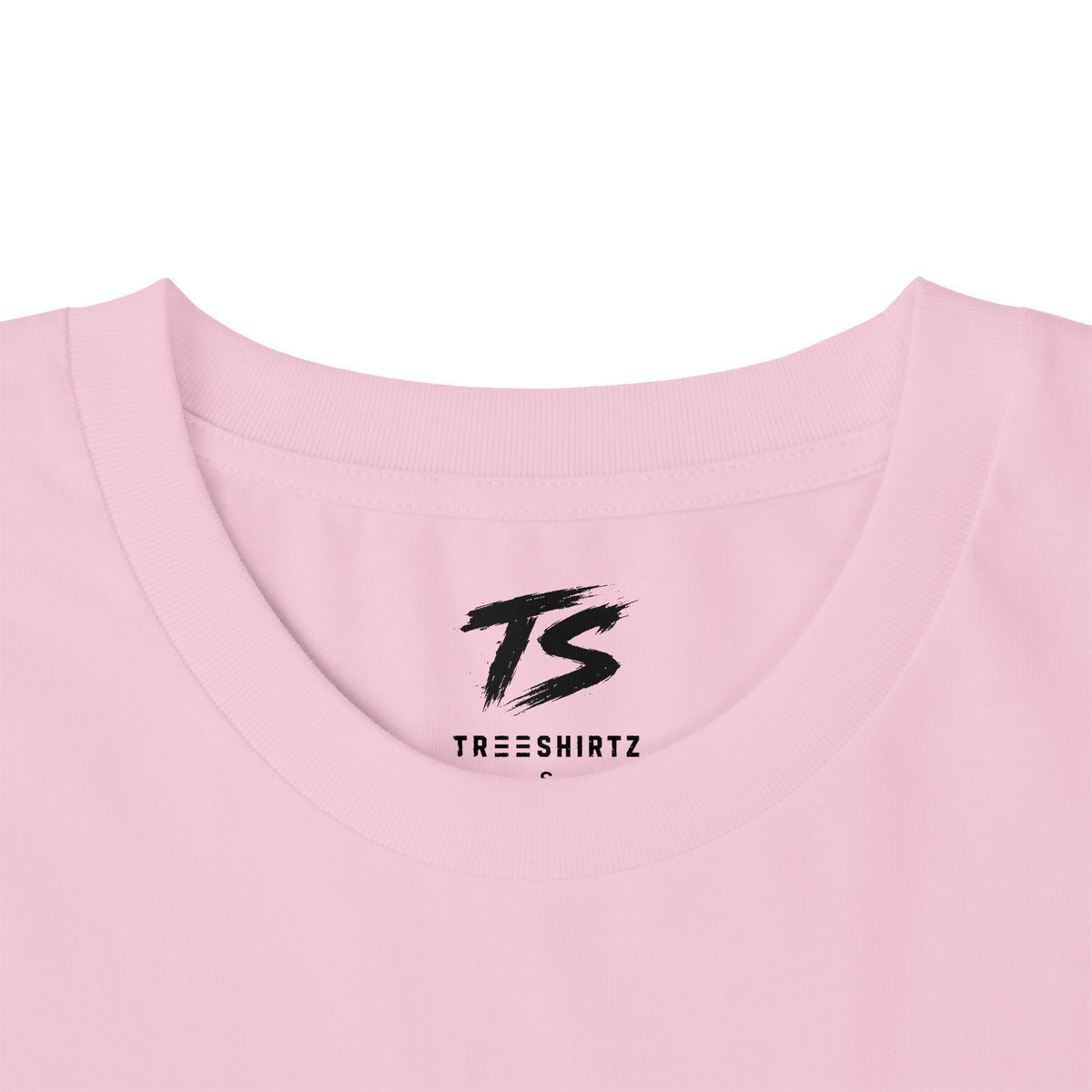Close-up of a light pink crewneck t-shirt with a black 'TS' logo and 'TREESHIRTZ' printed inside the collar, on a white background.