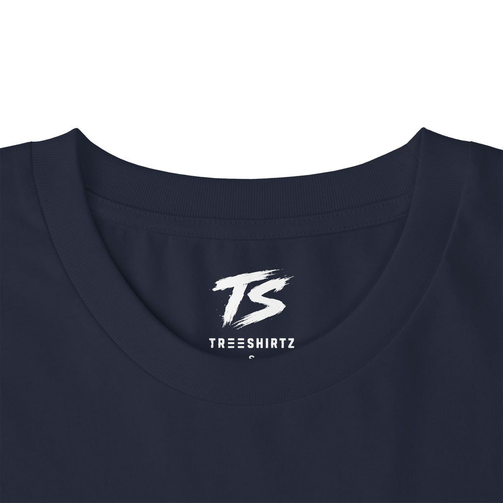 Close-up of a french navy crewneck t-shirt with a white 'TS' logo and 'TREESHIRTZ' text printed inside the collar, on a white background.