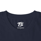 Close-up of a french navy crewneck t-shirt with a white 'TS' logo and 'TREESHIRTZ' text printed inside the collar, on a white background.