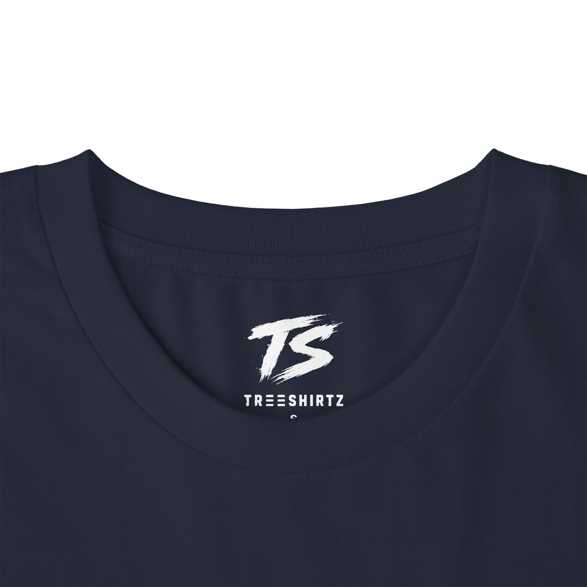 Close-up of a french navy crewneck t-shirt with a white 'TS' logo and 'TREESHIRTZ' text printed inside the collar, on a white background.