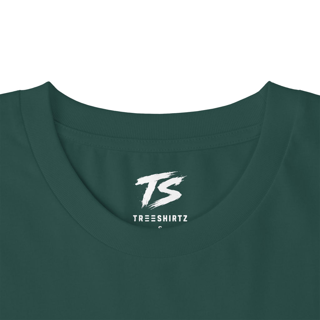 Close-up of a dark green crewneck t-shirt showing the inside neck label with a white 'TS' logo and 'TREESHIRTZ' text.