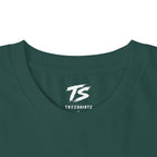 Close-up of a dark green crewneck t-shirt showing the inside neck label with a white 'TS' logo and 'TREESHIRTZ' text.