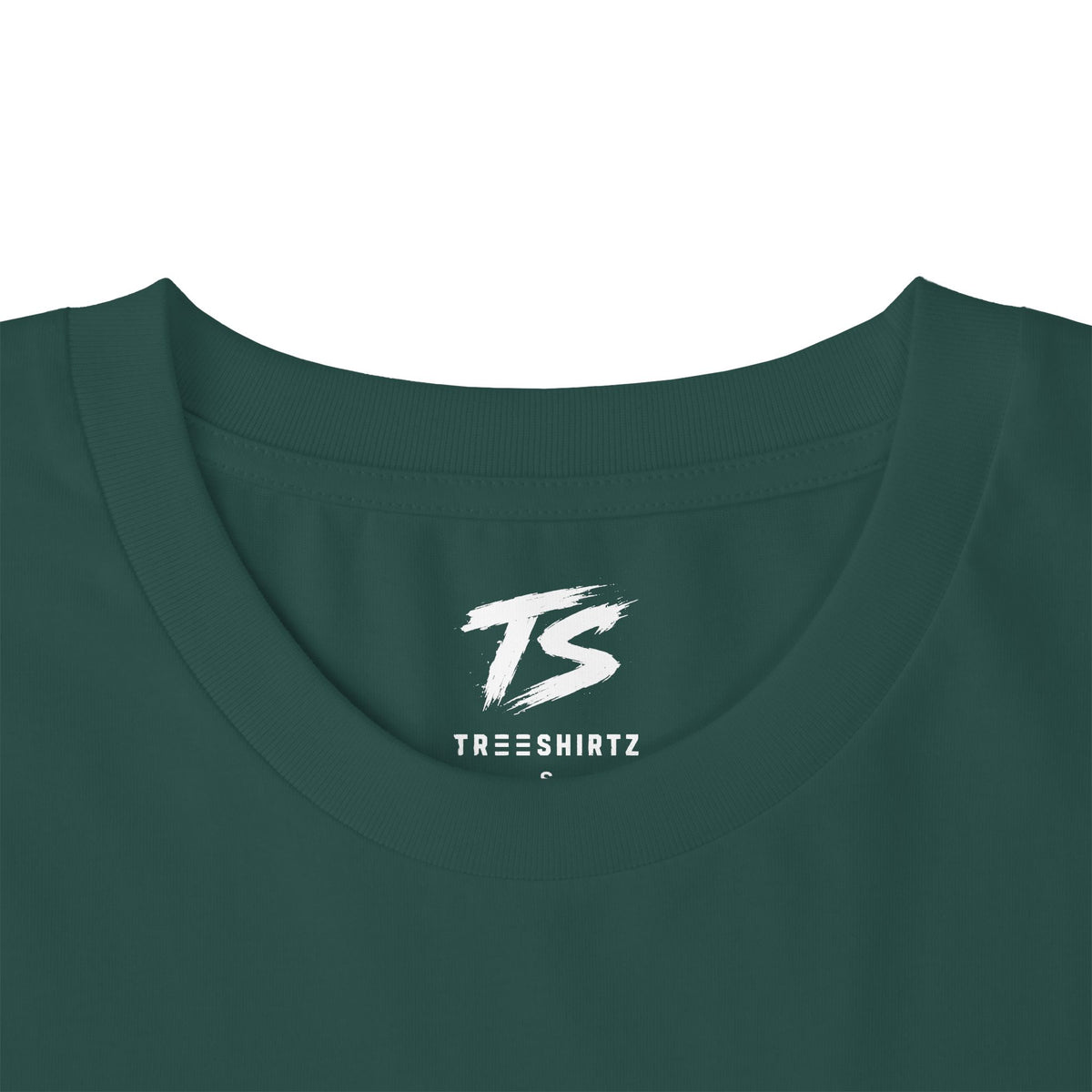 Close-up of a dark green crewneck t-shirt showing the inside neck label with a white 'TS' logo and 'TREESHIRTZ' text.