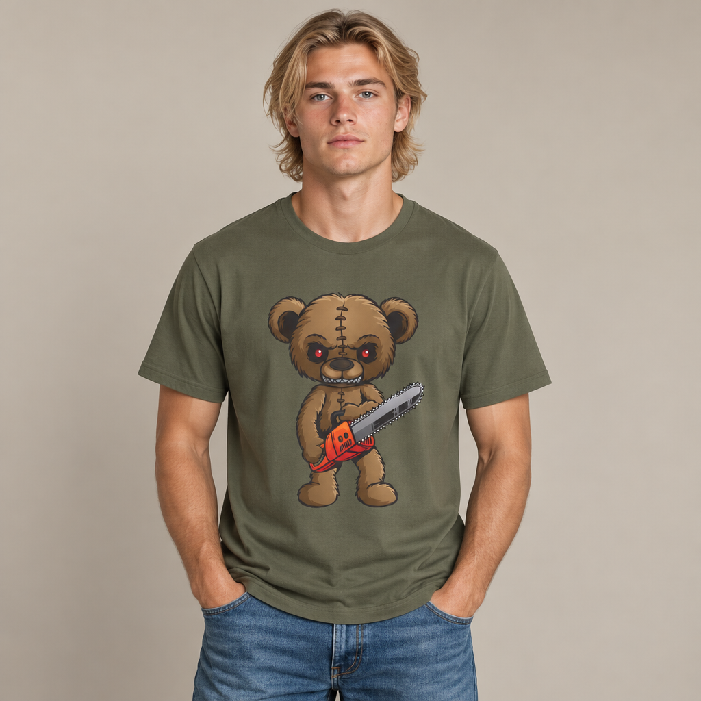 Halloween Chainsaw Teddy Bear Organic Cotton T-Shirt - Medium Fit