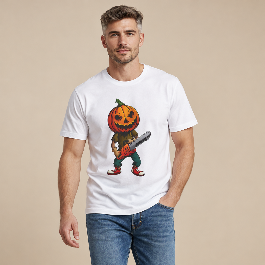 Halloween Pumpkin Head Chainsaw Organic Cotton T-Shirt - Medium Fit