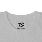 Close-up of a light heather gray v-neck t-shirt with a black 'TS' logo and 'TREESHIRTZ' text printed inside the collar.