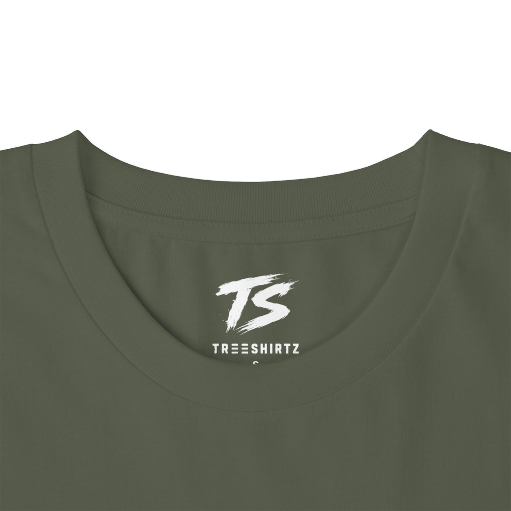 Close-up of the inside neckline of an olive green crewneck t-shirt, featuring a white printed 'TS' logo and 'TREESHIRTZ' text on the inner collar.