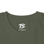Close-up of the inside neckline of an olive green crewneck t-shirt, featuring a white printed 'TS' logo and 'TREESHIRTZ' text on the inner collar.