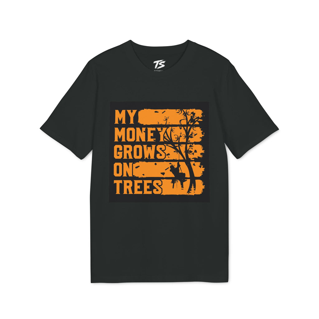 A black short-sleeve t-shirt with a distressed orange graphic on the chest that reads 'MY MONEY GROWS ON TREES' alongside a tree silhouette and deer silhouette, shown on a plain white background.
