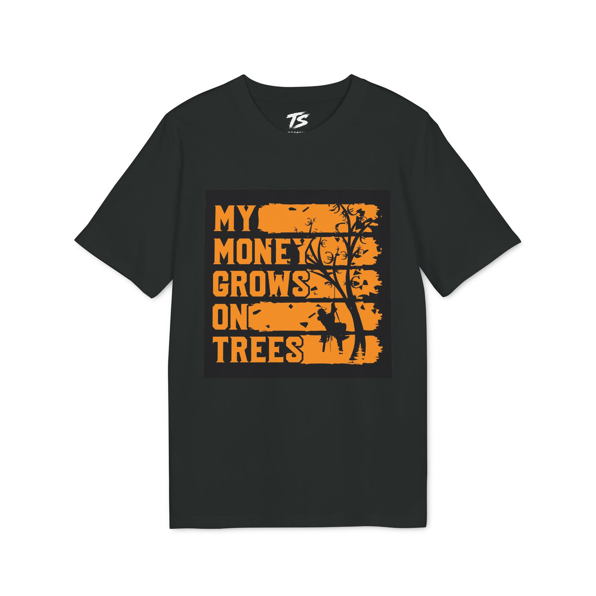 A black short-sleeve t-shirt with a distressed orange graphic on the chest that reads 'MY MONEY GROWS ON TREES' alongside a tree silhouette and deer silhouette, shown on a plain white background.