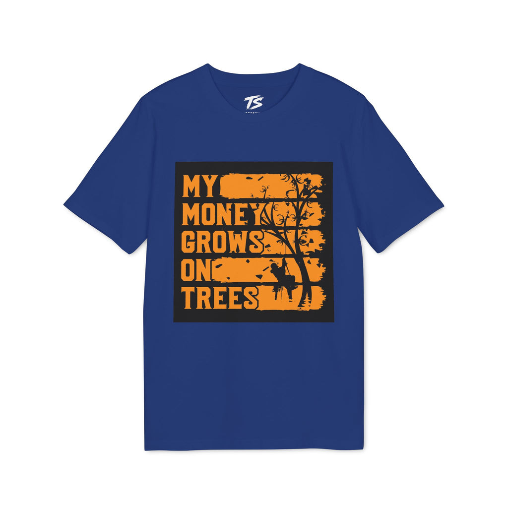 A royal blue short-sleeve t-shirt with a distressed orange graphic on the chest that reads 'MY MONEY GROWS ON TREES' alongside a tree silhouette and a deer silhouette, displayed on a clean white background.