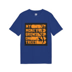 A royal blue short-sleeve t-shirt with a distressed orange graphic on the chest that reads 'MY MONEY GROWS ON TREES' alongside a tree silhouette and a deer silhouette, displayed on a clean white background.