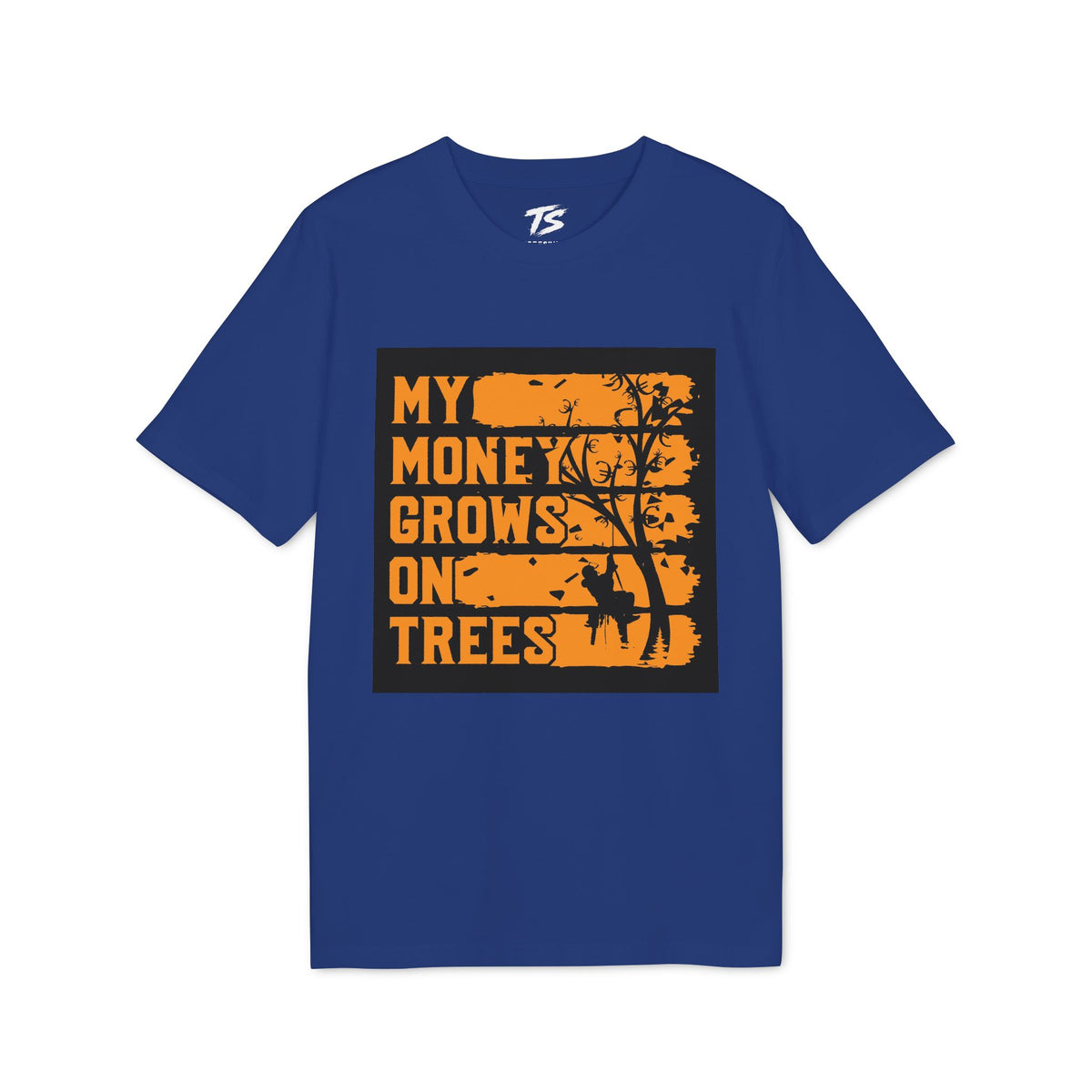 A royal blue short-sleeve t-shirt with a distressed orange graphic on the chest that reads 'MY MONEY GROWS ON TREES' alongside a tree silhouette and a deer silhouette, displayed on a clean white background.