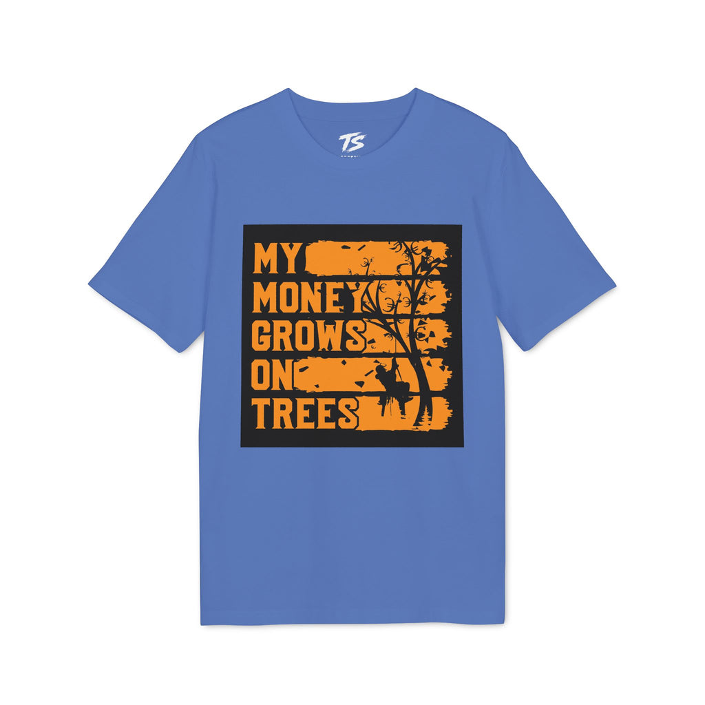 A blue short-sleeve t-shirt with a black rectangular graphic on the chest featuring the text 'MY MONEY GROWS ON TREES' in orange lettering with a tree silhouette.
