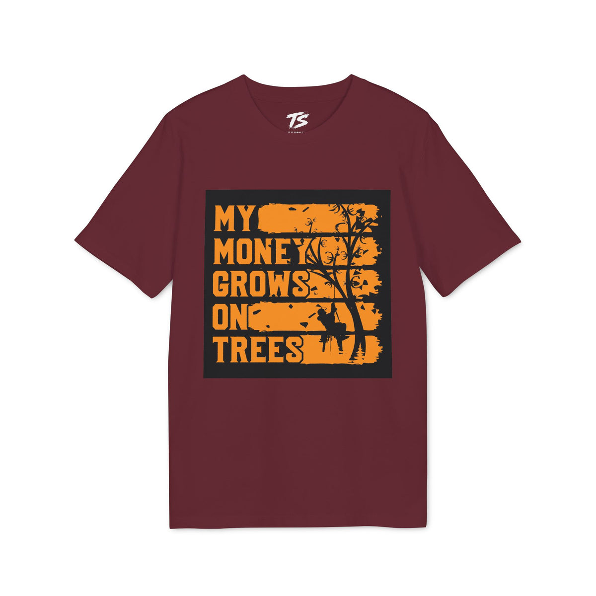A maroon short-sleeve crewneck t-shirt with a graphic print on the front. The graphic features a black background with distressed orange text reading 'MY MONEY GROWS ON TREES' and a black tree silhouette.
