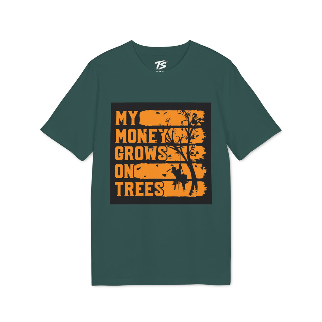 A dark teal green short-sleeve t-shirt with a graphic print on the front. The graphic features the text 'MY MONEY GROWS ON TREES' in a distressed orange font over a black background, with a silhouette of a tree and a deer.