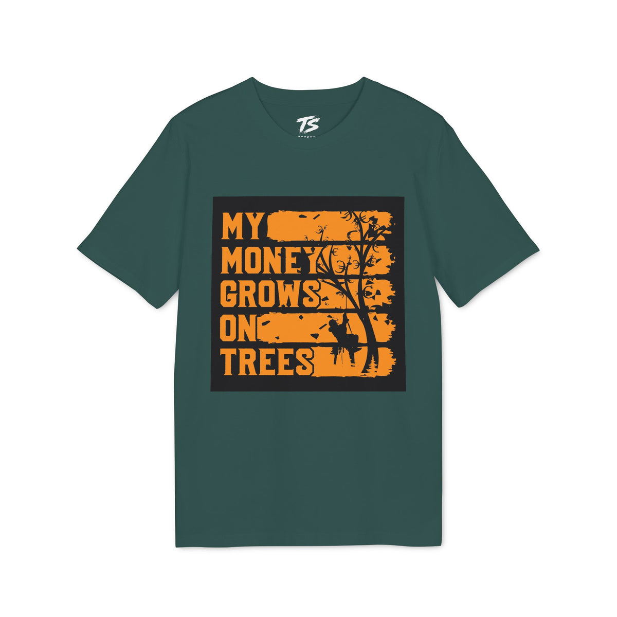 A dark teal green short-sleeve t-shirt with a graphic print on the front. The graphic features the text 'MY MONEY GROWS ON TREES' in a distressed orange font over a black background, with a silhouette of a tree and a deer.