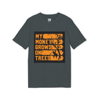 A dark gray crewneck t-shirt with a graphic print on the front. The graphic features the text 'MY MONEY GROWS ON TREES' in a distressed orange font, layered over a black background with a silhouette of a tree and a deer.