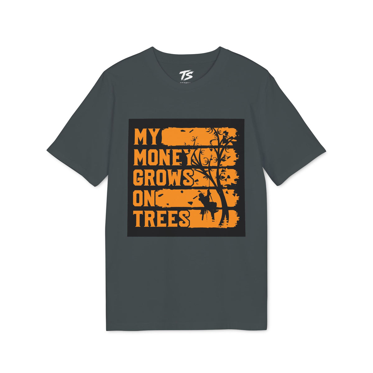 A dark gray crewneck t-shirt with a graphic print on the front. The graphic features the text 'MY MONEY GROWS ON TREES' in a distressed orange font, layered over a black background with a silhouette of a tree and a deer.
