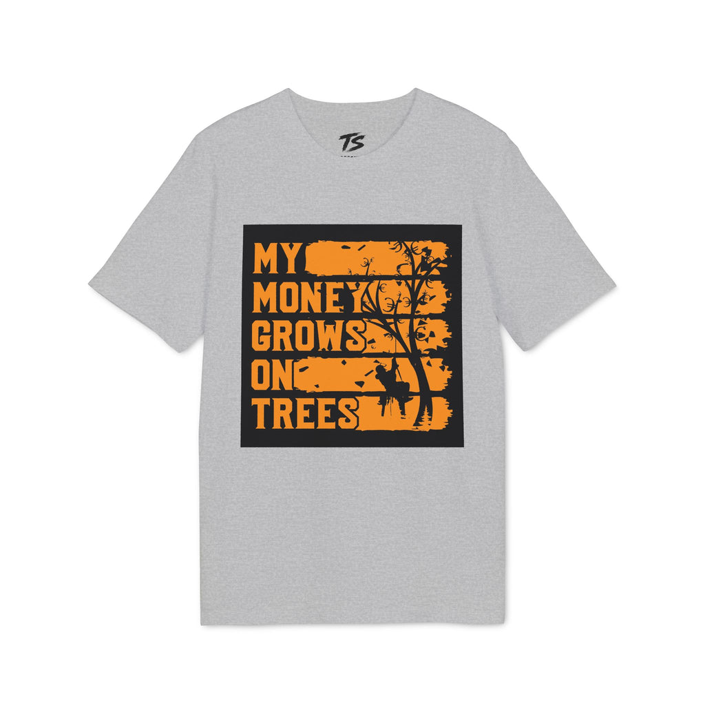 A heather gray short-sleeve t-shirt with a graphic print on the front. The graphic features a black background with distressed orange text reading 'MY MONEY GROWS ON TREES' and a black silhouette of a tree.