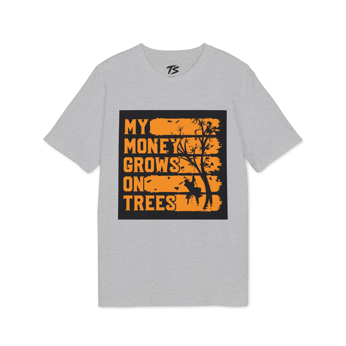 A heather gray short-sleeve t-shirt with a graphic print on the front. The graphic features a black background with distressed orange text reading 'MY MONEY GROWS ON TREES' and a black silhouette of a tree.