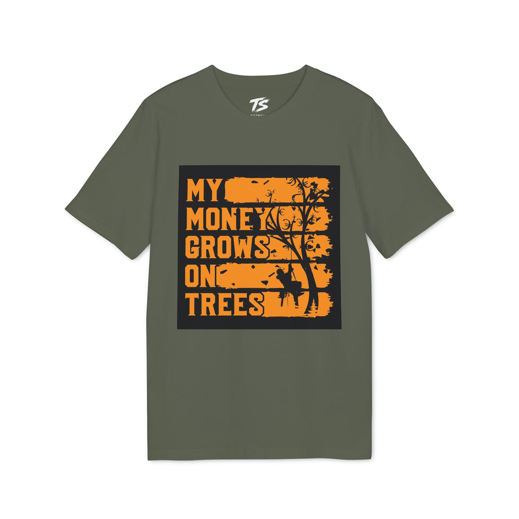 An olive green short-sleeve t-shirt with a graphic print on the front. The graphic features a black background with distressed orange text reading 'MY MONEY GROWS ON TREES' and a black tree silhouette.