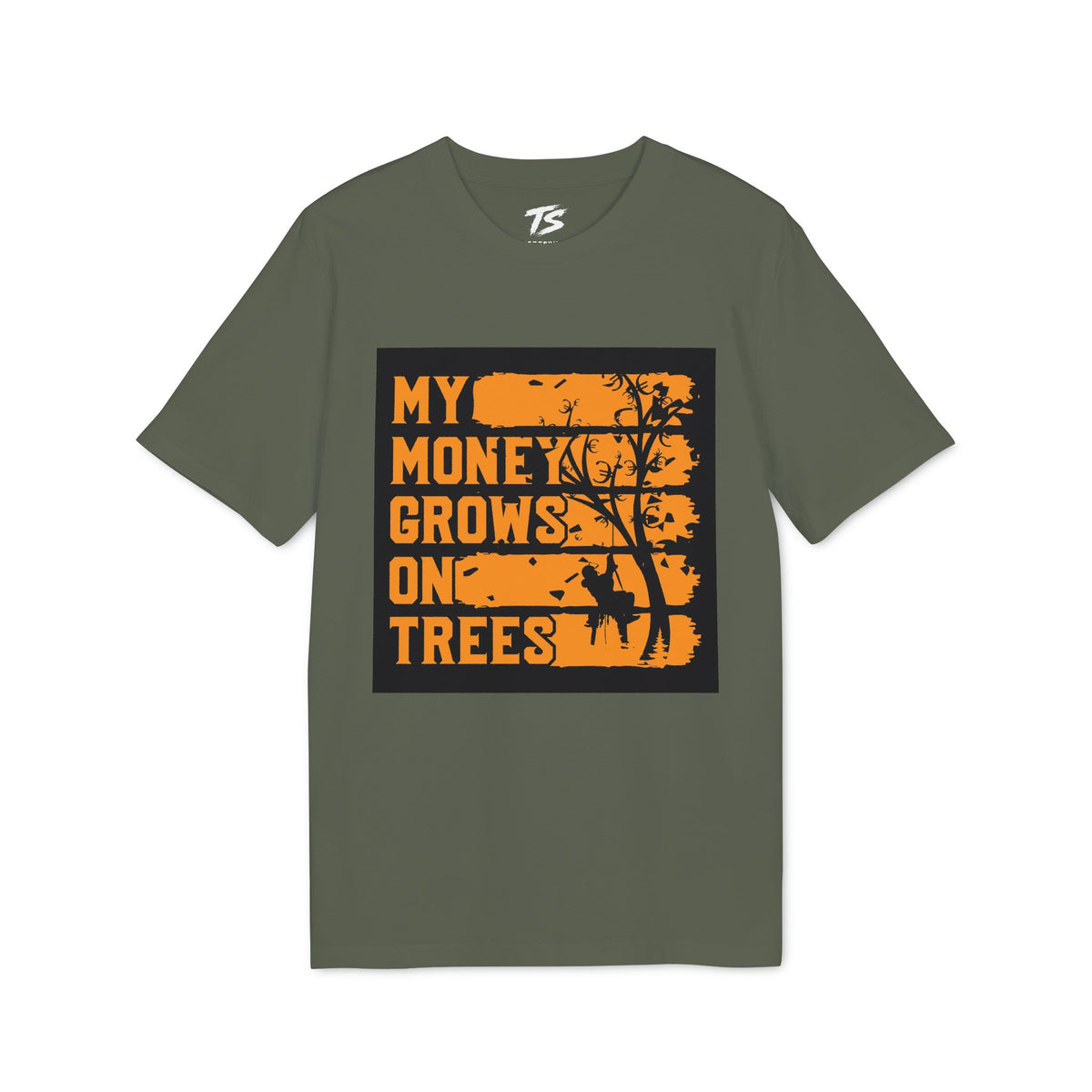 An olive green short-sleeve t-shirt with a graphic print on the front. The graphic features a black background with distressed orange text reading 'MY MONEY GROWS ON TREES' and a black tree silhouette.