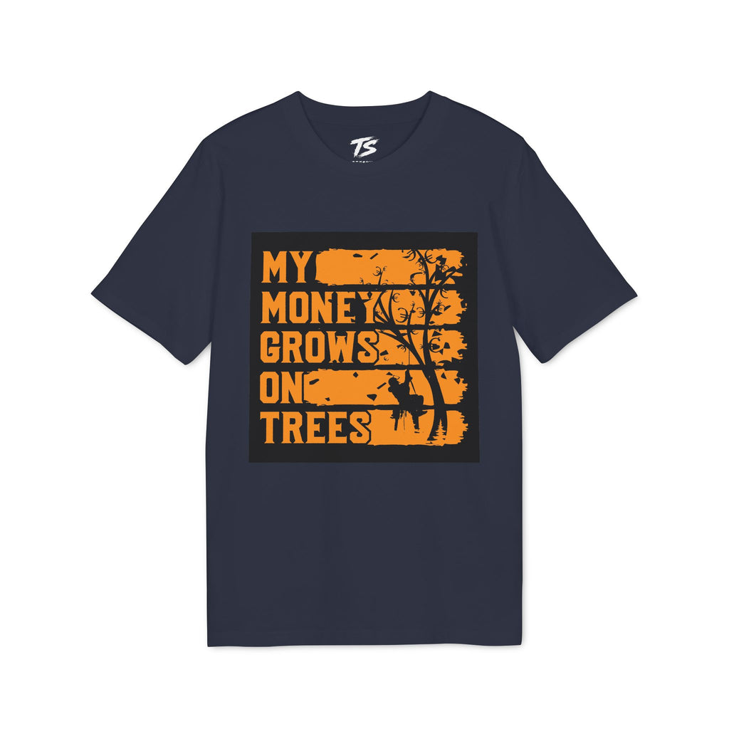 A navy blue short-sleeve t-shirt with a distressed orange graphic on the front that reads 'MY MONEY GROWS ON TREES' alongside a silhouette of a tree and deer, shown on a plain white background.