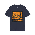 A navy blue short-sleeve t-shirt with a distressed orange graphic on the front that reads 'MY MONEY GROWS ON TREES' alongside a silhouette of a tree and deer, shown on a plain white background.