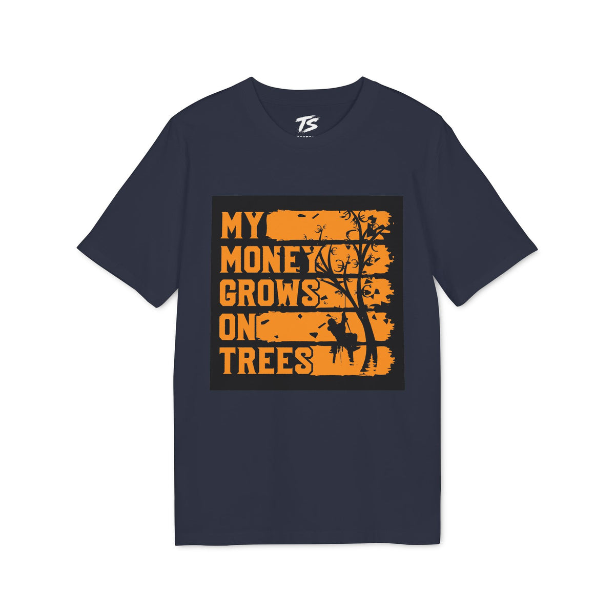 A navy blue short-sleeve t-shirt with a distressed orange graphic on the front that reads 'MY MONEY GROWS ON TREES' alongside a silhouette of a tree and deer, shown on a plain white background.